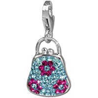 SilberDream Charm - Dijes con Circonita y Esmalte - Bolso con flores - azul - fucsia - Cierre de Mosquetón - 925-1000…